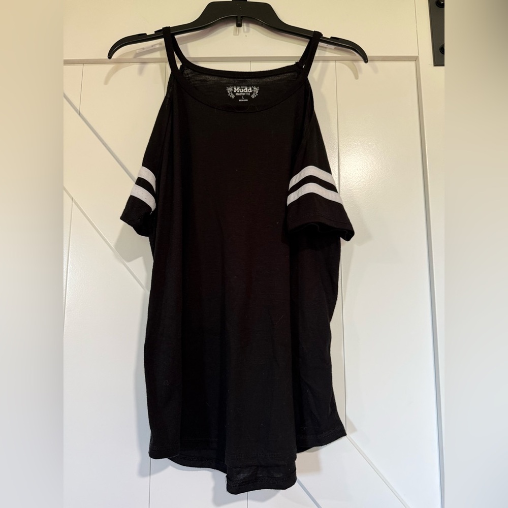 Mudd Black Cold Shoulder Top with White Stripes